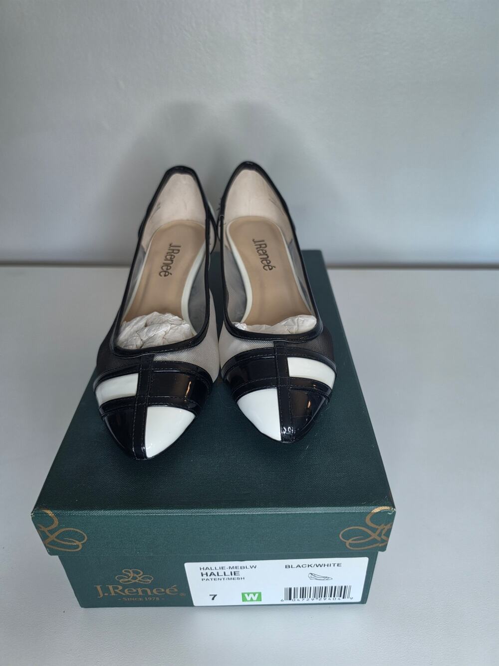 NIB J. Renee Hallie Black White Patent Mesh Wedge Pumps Size 7W Pointed Toe